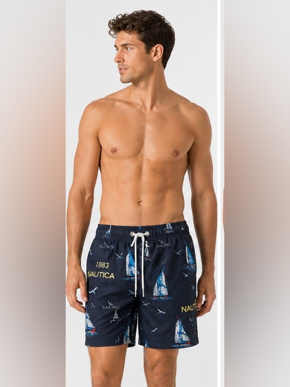 Nautica Navy Blue Sailboat Print Swim Trunks